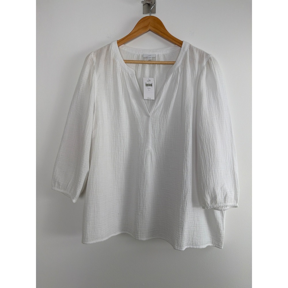 NWT J. Jill Cotton Gauze Blouse L White Split Neck 3/4 Sleeve Coastal Boho